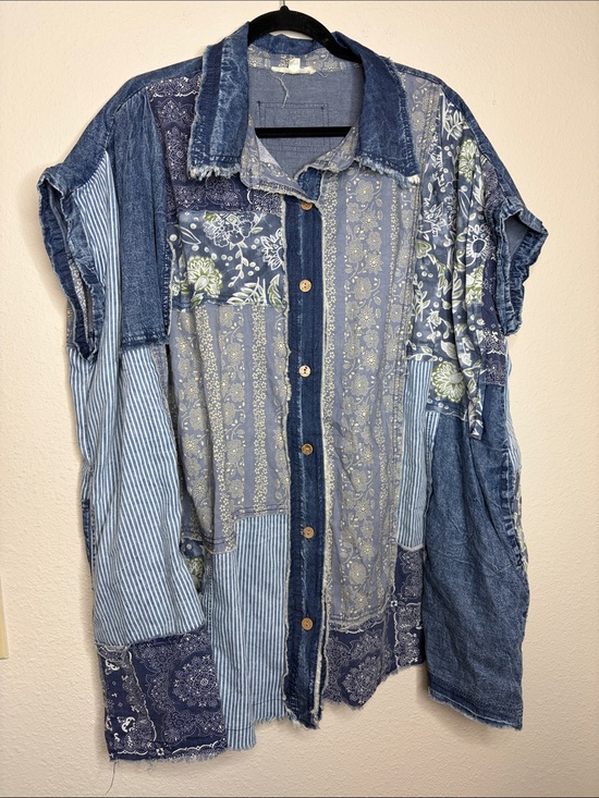 Blue Velvet Tops - Blue Velvet | Women’s Mixed Media Sleeveless Oversized Button Down Top Size S/M